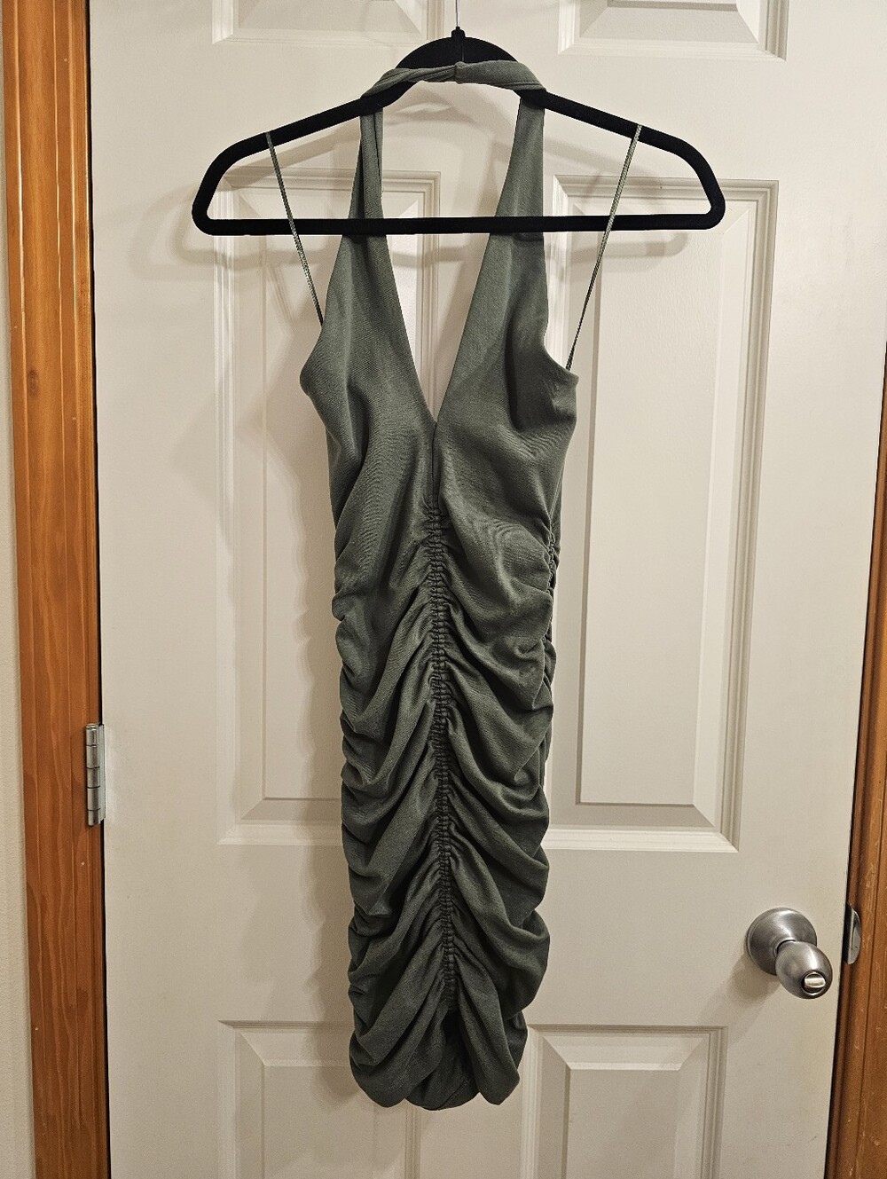 Zara Deep V Olive Halter Ruched Mini Dress